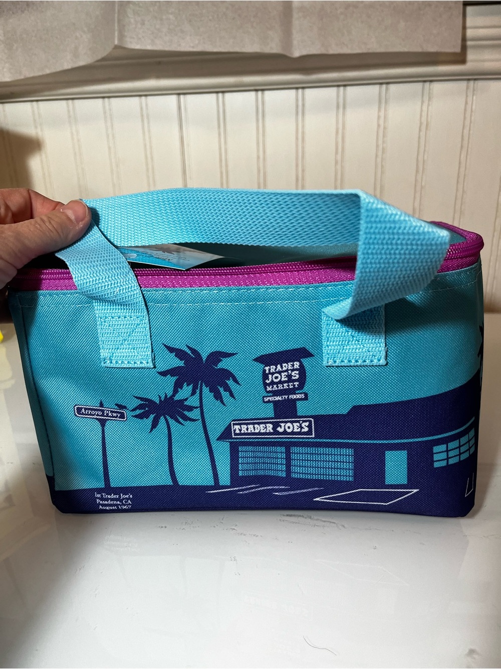 NWT Trader Joe's Mini Insulated Cooler Bag Teal Purple 1.5 Gal Pasadena Retro